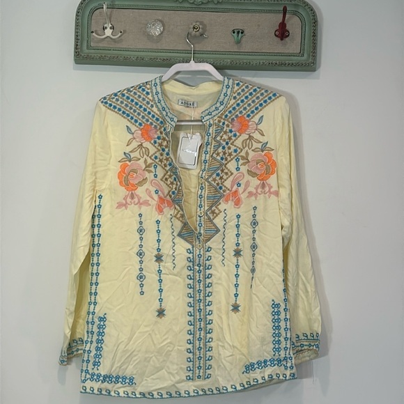 Adore Mexican Embroidered Long Sleeve Bohemian Flower Peasant Tunics Boho Blouse - Picture 1 of 10